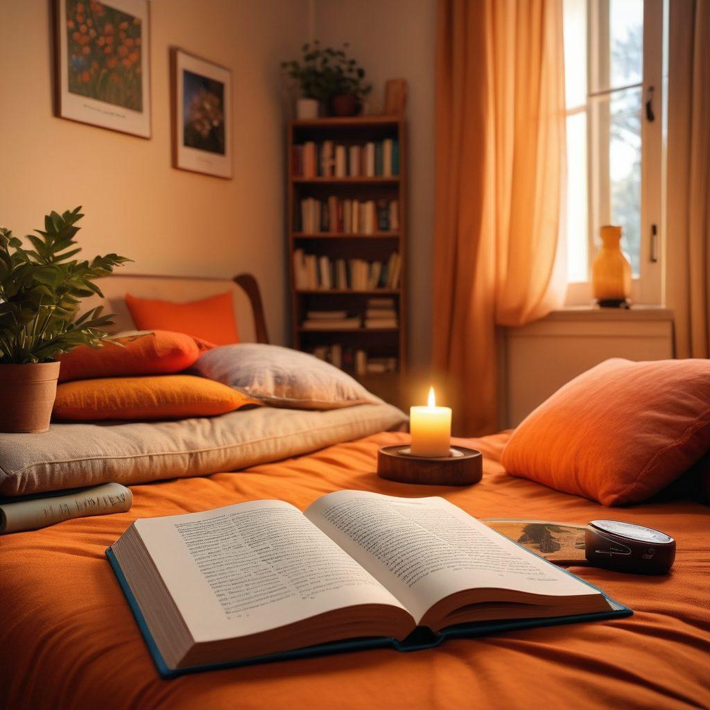 A serene and inviting space featuring an open book with vibrant, engaging illustrations about sexual positivity. Surround the book with soft, plush cushions and a warm candlelight ambiance, suggesting intimacy and comfort. In the background, include subtle hints of diversity and inclusion through thoughtful art pieces and quotes on the walls. The scene should evoke a sense of comfort, knowledge, and open-mindedness. super-realistic. warm colors. cozy atmosphere.